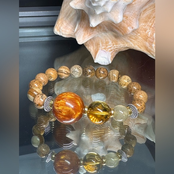 PICTURE JASPER + CITRINE + WILLOW SEA CORAL  NATURAL STONE BRACELET size 7” - Picture 2 of 13